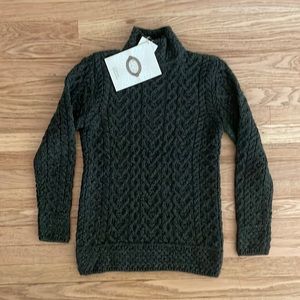 NWT Aran Crafts Funnel Neck Irish Sweater S - 100% Soft Merino Wool Cable Stitch